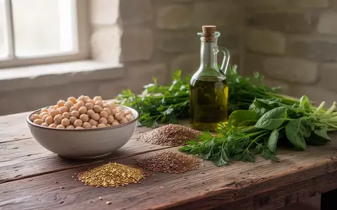 Eine Ansammlung frischer, gesunder Lebensmittel wie Kichererbsen, Leinsamen und Gemüse auf einem rustikalen Holztisch. - Foto: über boerse-global.de