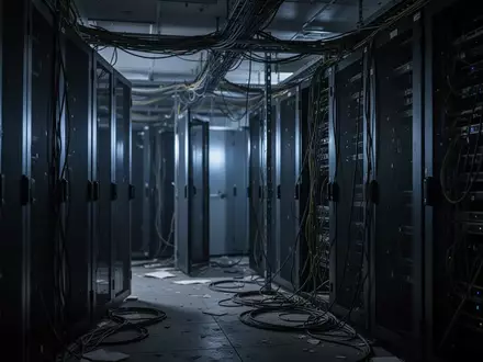 Ein dunkler, technischer Raum mit stillgelegten Serverschränken und komplexer Kabelführung in einer industriellen Umgebung. - Foto: über boerse-global.de