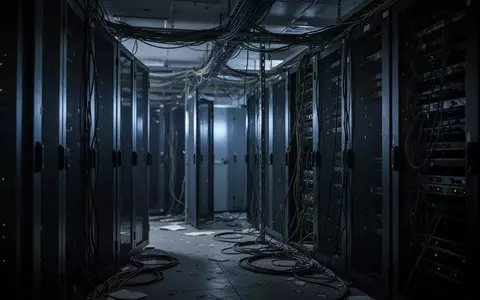 Ein dunkler, technischer Raum mit stillgelegten Serverschränken und komplexer Kabelführung in einer industriellen Umgebung. - Foto: über boerse-global.de