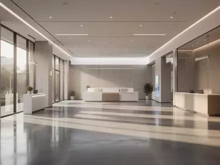 Ein minimalistisches, ruhiges Foyer einer Bank mit polierten Betonböden und natürlichem Lichteinfall. - Foto: über boerse-global.de