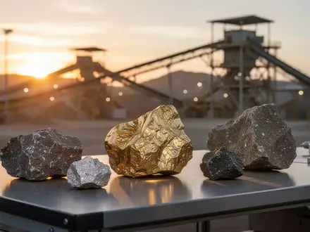 Nahaufnahme von Rohmetallerzen auf einem Arbeitstisch in einer Industrieanlage während des Sonnenaufgangs. - Foto: über boerse-global.de