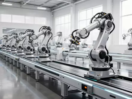 Eine moderne, hochautomatisierte industrielle Fertigungslinie in einer hellen Fabrikhalle mit mechanischen Roboterarmen. - Foto: über boerse-global.de