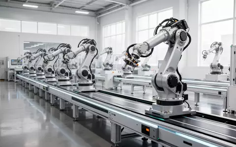 Eine moderne, hochautomatisierte industrielle Fertigungslinie in einer hellen Fabrikhalle mit mechanischen Roboterarmen. - Foto: über boerse-global.de