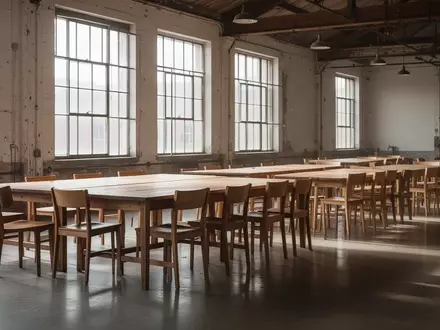 Ein heller, leerer Gemeinschaftsraum mit Holztischen und Stühlen in einem umgenutzten Industriebau. - Foto: über boerse-global.de