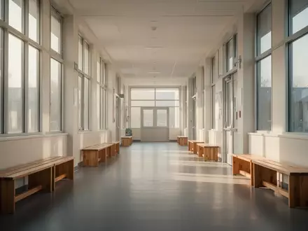 Ein heller, moderner Schulflur mit großen Fenstern und Holzbänken in einer ruhigen, menschenleeren Umgebung. - Foto: über boerse-global.de