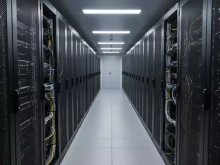 Eine Reihe von dunklen, metallischen Server-Racks in einem modernen Rechenzentrum. - Foto: über boerse-global.de
