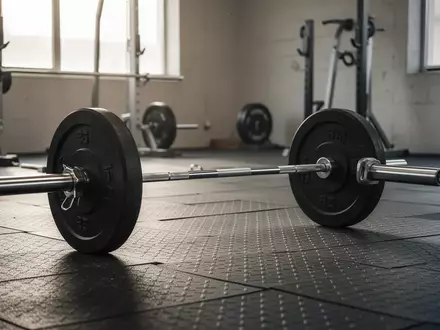 Eine schwere Langhantel liegt auf einem strukturierten Gummiboden in einem minimalistischen Fitnessraum. - Foto: über boerse-global.de
