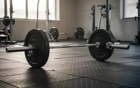 Eine schwere Langhantel liegt auf einem strukturierten Gummiboden in einem minimalistischen Fitnessraum. - Foto: über boerse-global.de