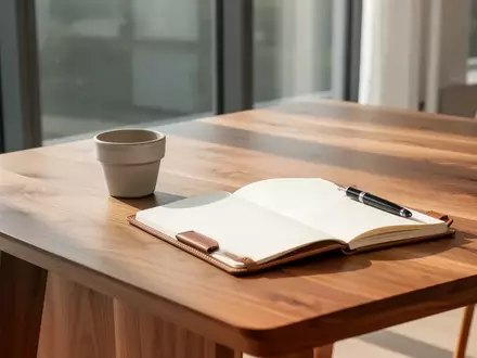 Ein minimalistischer Holzschreibtisch in einem hellen, sonnendurchfluteten Raum mit einem leeren Notizbuch. - Foto: über boerse-global.de