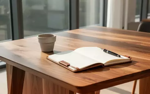 Ein minimalistischer Holzschreibtisch in einem hellen, sonnendurchfluteten Raum mit einem leeren Notizbuch. - Foto: über boerse-global.de