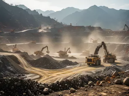 Ein Goldminenbetrieb mit schwerem Gerät in einer weitläufigen, bergigen Landschaft. - Foto: über boerse-global.de