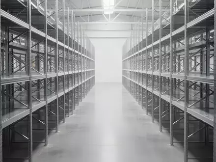 Ein minimalistisches, helles Lagerhaus mit leeren Metallregalen und poliertem Betonboden in einer sachlichen, industriellen Umgebung. - Foto: über boerse-global.de