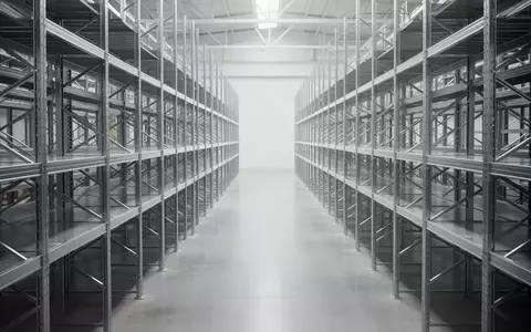 Ein minimalistisches, helles Lagerhaus mit leeren Metallregalen und poliertem Betonboden in einer sachlichen, industriellen Umgebung. - Foto: über boerse-global.de