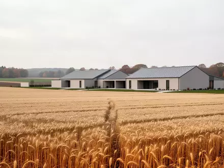 Weite, abgeerntete Felder in einer deutschen Agrarlandschaft mit minimalistischen landwirtschaftlichen Gebäuden im Hintergrund. - Foto: über boerse-global.de
