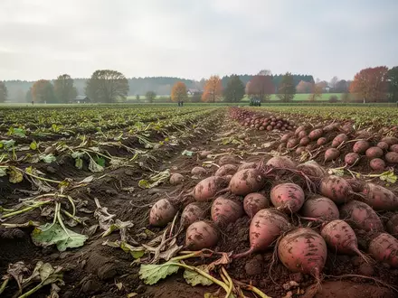 Geerntete Zuckerrüben auf einem Feld in Mecklenburg-Vorpommern unter herbstlichem Himmel. - Foto: über boerse-global.de