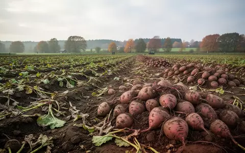 Geerntete Zuckerrüben auf einem Feld in Mecklenburg-Vorpommern unter herbstlichem Himmel. - Foto: über boerse-global.de