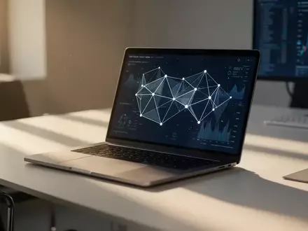 Ein minimalistischer moderner Schreibtisch mit einem Laptop, das abstrakte Datenvisualisierungen von Blockchain-Knoten zeigt. - Foto: über boerse-global.de