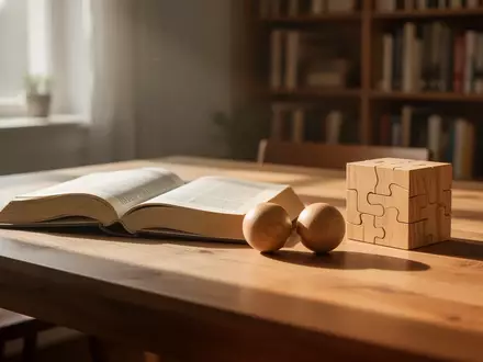 Ein offenes Buch und Jonglierbälle auf einem hellen Holztisch in einer ruhigen, lichtdurchfluteten Umgebung. - Foto: über boerse-global.de