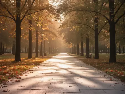 Ein sonnendurchfluteter Parkweg im Herbst mit langen Schatten, der Ruhe und Beständigkeit im Alter symbolisiert. - Foto: über boerse-global.de