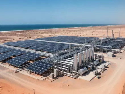Moderne industrielle Entsalzungsanlage mit Photovoltaikanlagen in einer trockenen Küstenlandschaft. - Foto: über boerse-global.de
