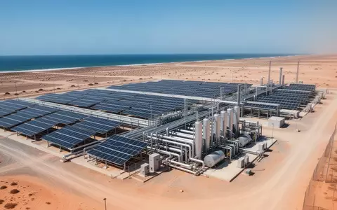 Moderne industrielle Entsalzungsanlage mit Photovoltaikanlagen in einer trockenen Küstenlandschaft. - Foto: über boerse-global.de
