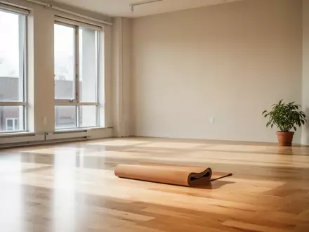 Ein heller, minimalistischer Yogaraum mit einer einzelnen Yogamatte auf einem hellen Holzboden bei natürlichem Tageslicht. - Foto: über boerse-global.de