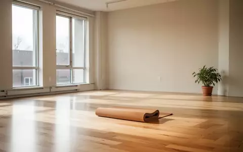 Ein heller, minimalistischer Yogaraum mit einer einzelnen Yogamatte auf einem hellen Holzboden bei natürlichem Tageslicht. - Foto: über boerse-global.de