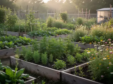 Ein üppiger Gemeinschaftsgarten mit Hochbeeten, Kräutern und Wildblumen in natürlichem Morgenlicht. - Foto: über boerse-global.de