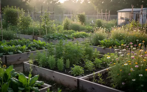 Ein üppiger Gemeinschaftsgarten mit Hochbeeten, Kräutern und Wildblumen in natürlichem Morgenlicht. - Foto: über boerse-global.de