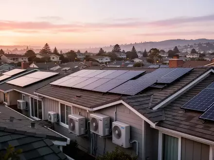 Wohngebiet in der San Francisco Bay Area mit Solaranlagen auf den Dächern und Wärmepumpen an den Hauswänden. - Foto: über boerse-global.de