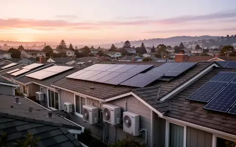 Wohngebiet in der San Francisco Bay Area mit Solaranlagen auf den Dächern und Wärmepumpen an den Hauswänden. - Foto: über boerse-global.de