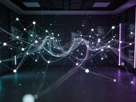 Abstrakte Visualisierung eines digitalen Netzwerks mit leuchtenden Knoten und Datenströmen in einem dunklen Raum. - Foto: über boerse-global.de