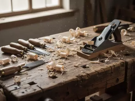 Eine traditionelle hölzerne Werkbank mit Hobelspänen und Handwerkzeugen in einer hellen Werkstatt. - Foto: über boerse-global.de