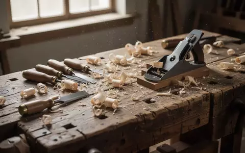 Eine traditionelle hölzerne Werkbank mit Hobelspänen und Handwerkzeugen in einer hellen Werkstatt. - Foto: über boerse-global.de