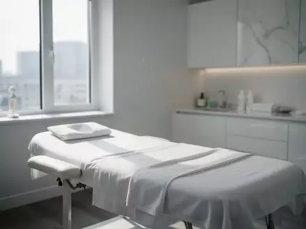 Ein heller, minimalistischer Behandlungsraum mit einer weißen Massageliege in einer ruhigen Wellness-Umgebung. - Foto: über boerse-global.de