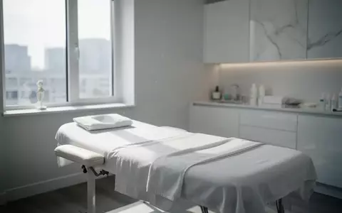 Ein heller, minimalistischer Behandlungsraum mit einer weißen Massageliege in einer ruhigen Wellness-Umgebung. - Foto: über boerse-global.de