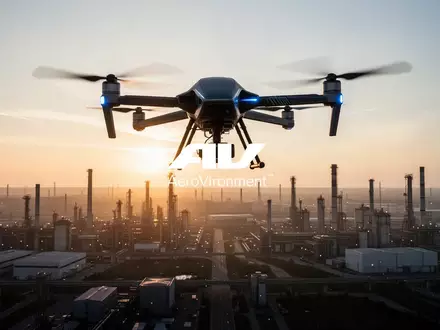 Silhouetten von Drohnen über einer modernen Industrielandschaft bei Sonnenaufgang als Symbol für Wachstum im Luftfahrtsektor. - Foto: über boerse-global.de