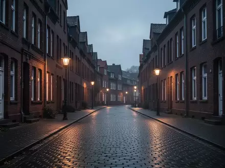 Eine menschenleere, abendliche Wohnstraße in einer deutschen Kleinstadt mit Backsteinhäusern und Kopfsteinpflaster. - Foto: über boerse-global.de
