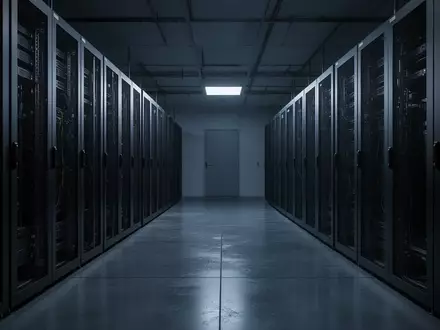 Dunkler, moderner Serverraum mit leeren, metallischen Server-Racks in kühlem, blauem Licht. - Foto: über boerse-global.de