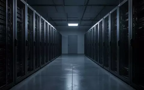 Dunkler, moderner Serverraum mit leeren, metallischen Server-Racks in kühlem, blauem Licht. - Foto: über boerse-global.de