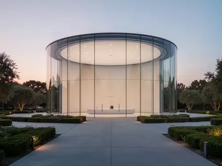 Das Steve Jobs Theater in Cupertino bei Dämmerung, umgeben von gepflegten Grünflächen und architektonischen Betonstrukturen. - Foto: über boerse-global.de