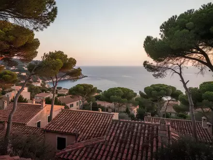 Mediterrane Küstenlandschaft mit mediterraner Architektur und Pinien bei Sonnenuntergang. - Foto: über boerse-global.de
