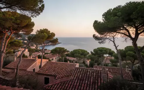 Mediterrane Küstenlandschaft mit mediterraner Architektur und Pinien bei Sonnenuntergang. - Foto: über boerse-global.de