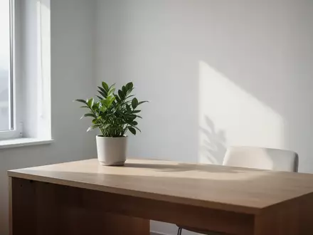 Ein minimalistischer, heller Praxisraum mit einer Pflanze auf einem Tisch und weichem Tageslicht. - Foto: über boerse-global.de