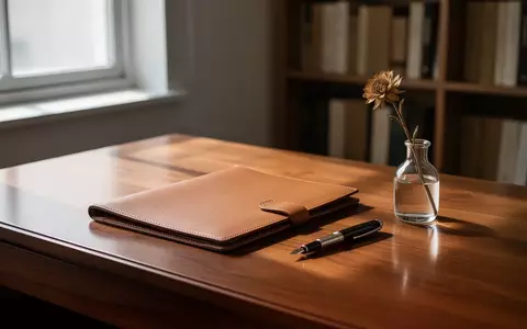 Ein minimalistischer Schreibtisch mit einem leeren Aktenordner und einer einzelnen Trockenblume in einer Vase. - Foto: über boerse-global.de
