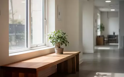 Ein heller, minimalistischer Wartebereich mit einem Holzsitzmöbel und einer Zimmerpflanze in einer ruhigen, freundlichen Umgebung. - Foto: über boerse-global.de