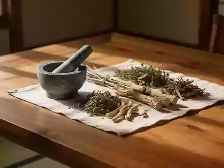 Traditionelle chinesische Heilkräuter und ein Mörser aus Stein auf einem Holztisch bei natürlichem Licht. - Foto: über boerse-global.de