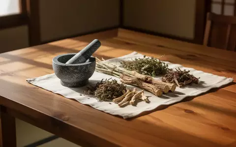 Traditionelle chinesische Heilkräuter und ein Mörser aus Stein auf einem Holztisch bei natürlichem Licht. - Foto: über boerse-global.de