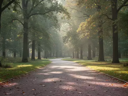 Ein sonnendurchfluteter Waldweg in einem ruhigen Park am Morgen. - Foto: über boerse-global.de