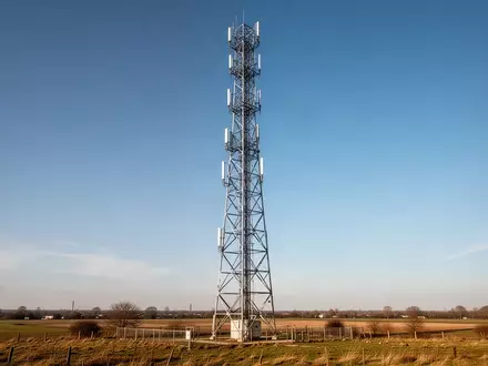 Ein moderner Sendemast ragt in einen klaren blauen Himmel über einer offenen Landschaft. - Foto: über boerse-global.de